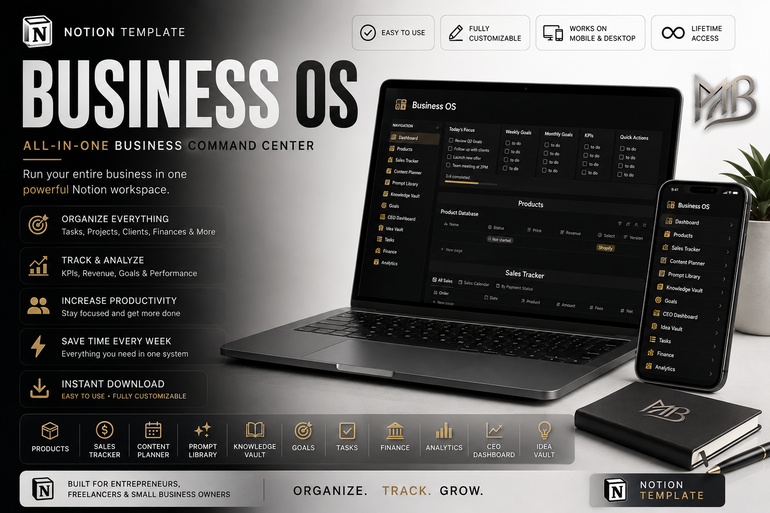 Business OS : aperçu du template Notion pour entrepreneurs sur ordinateur et mobile